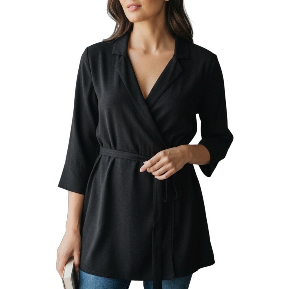 H&M Black Cupro Wrap Dress Size 2 V Neck Tailored Collar 3/4 Sleeve